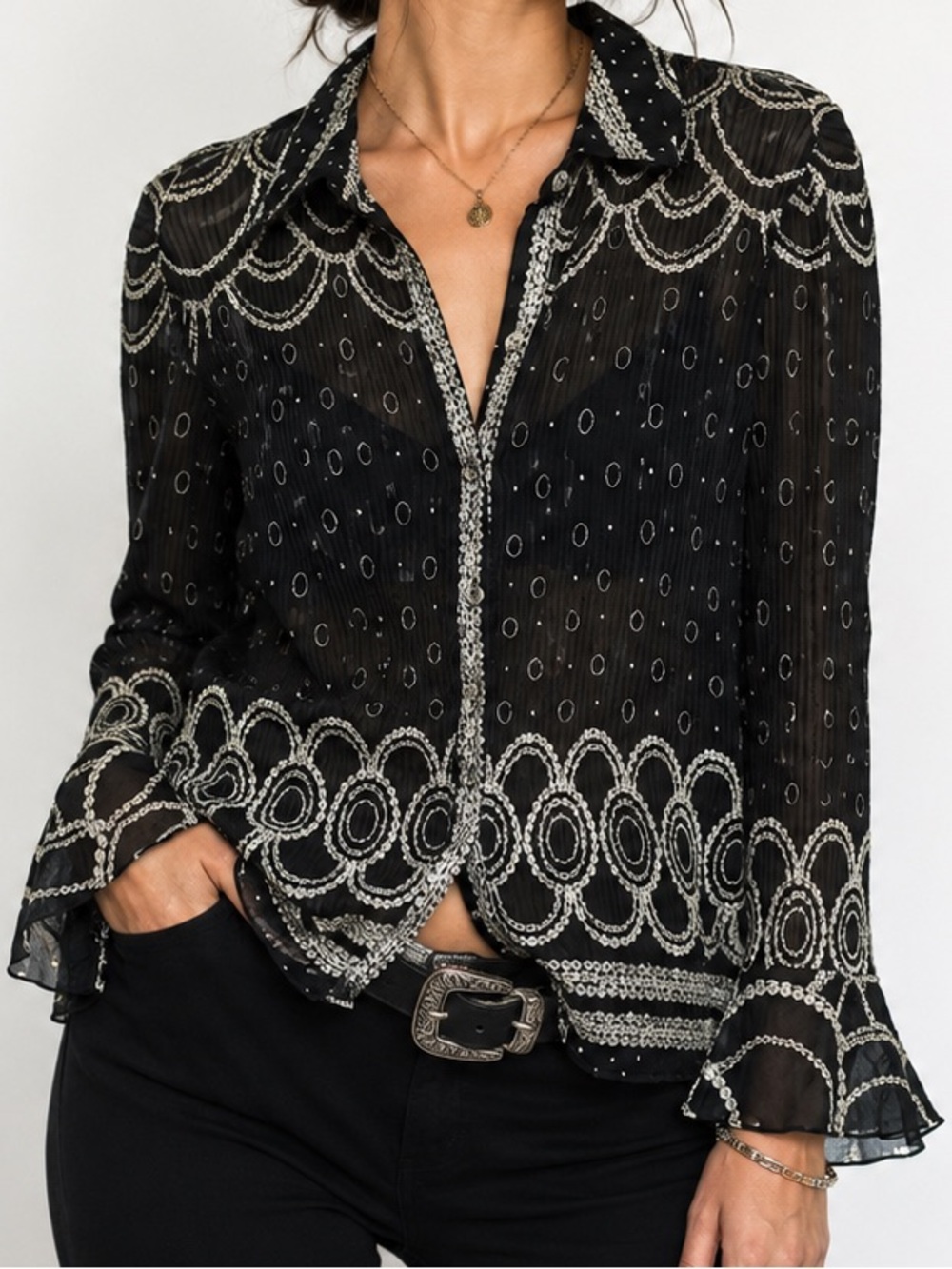 90s Sheer Mesh Pearl Chain Print Blouse 2X Goth Dark Academia Art Deco Boho Top